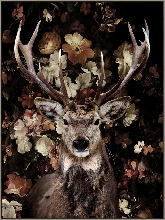 ''Deer on Flowers'' Hand-painted Gloss Canvas in Frame