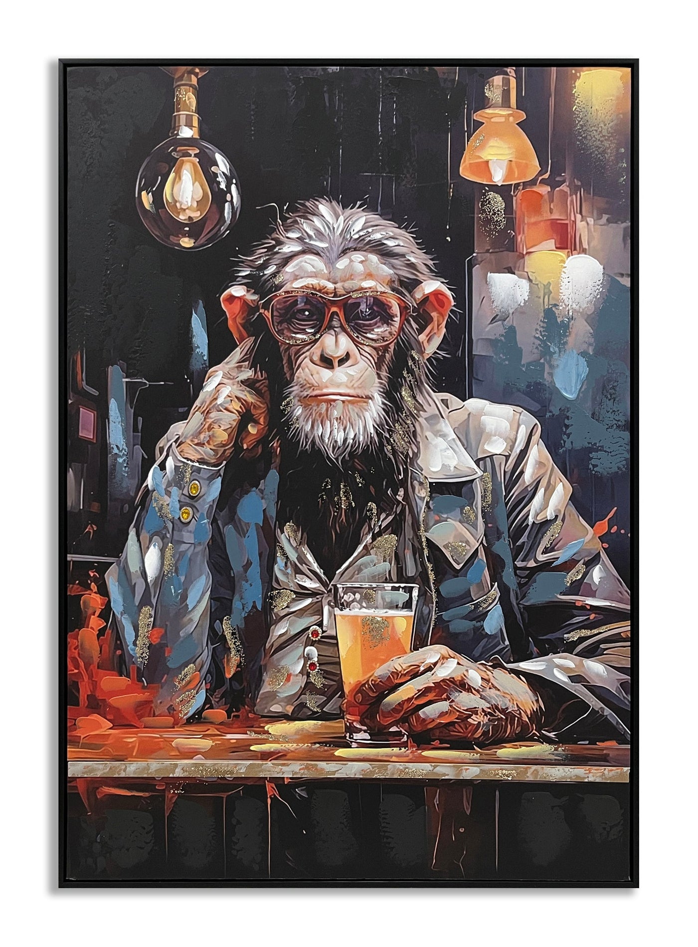 ''Whimsical Chimp Cocktail Canvas'' Hand-painted Canvas in Frame