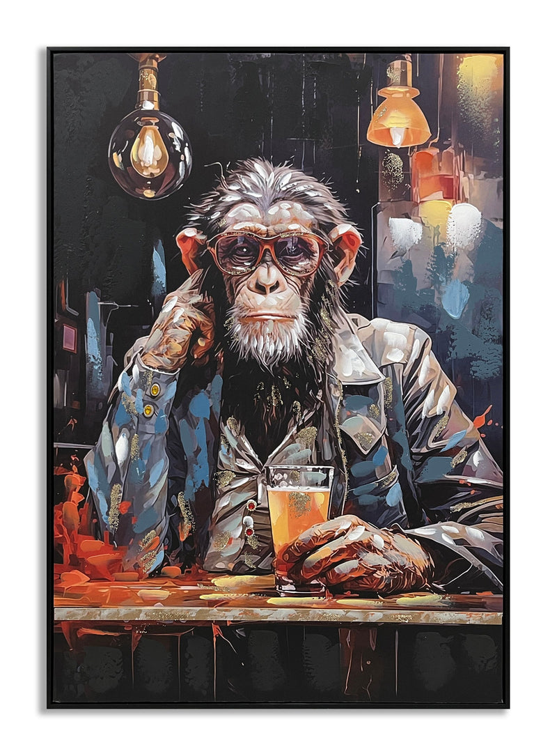 ''Whimsical Chimp Cocktail Canvas'' Hand-painted Canvas in Frame