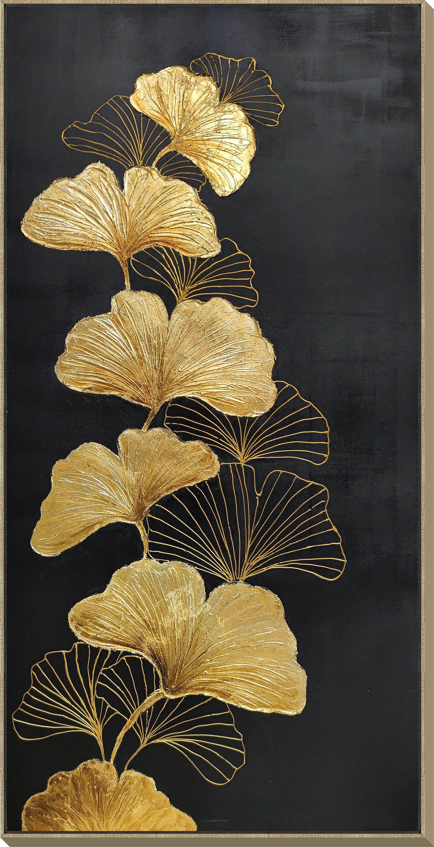 ''Opulent Golden Ginkgo Elegance'' Hand-painted Canvas in Frame