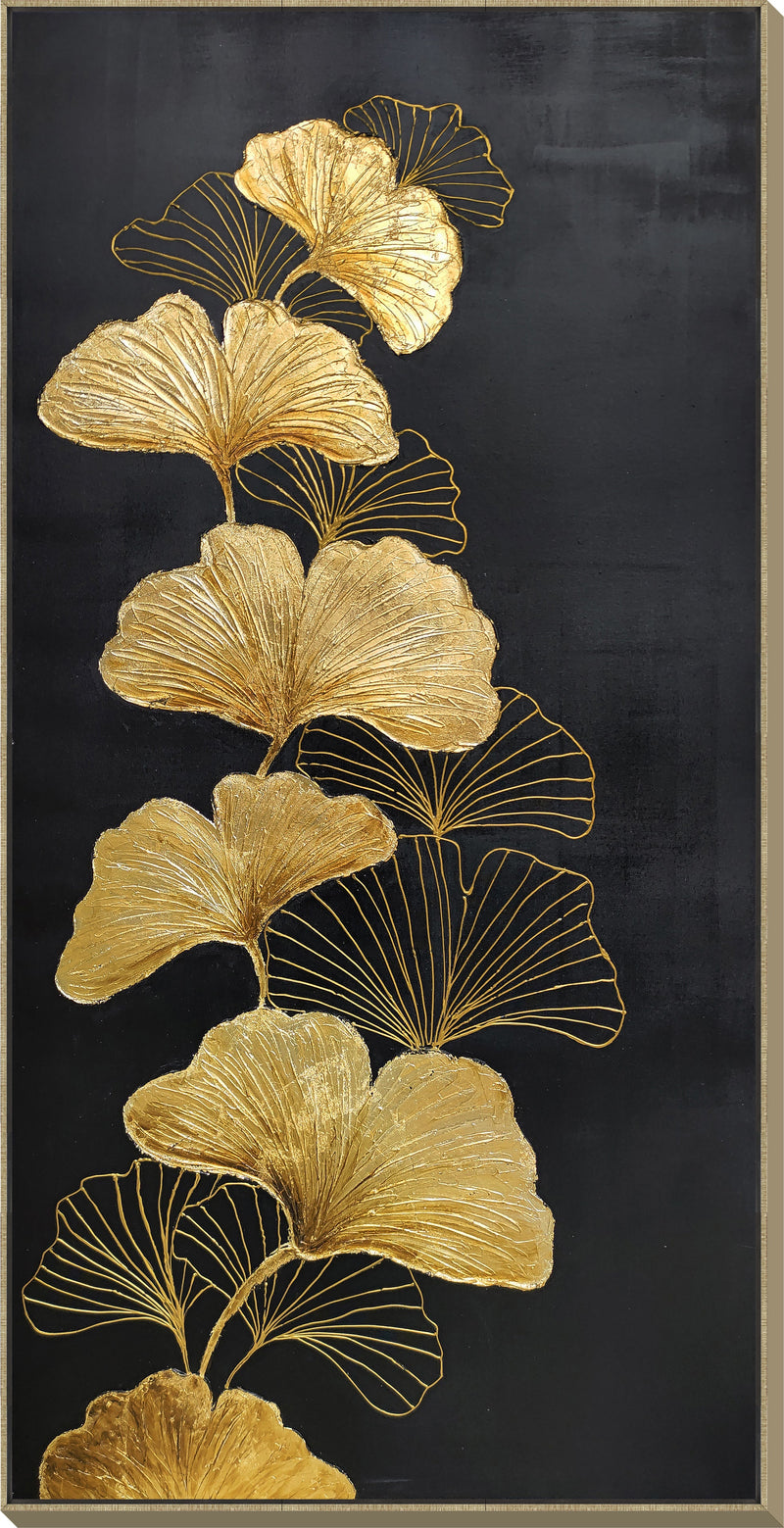 ''Opulent Golden Ginkgo Elegance'' Hand-painted Canvas in Frame