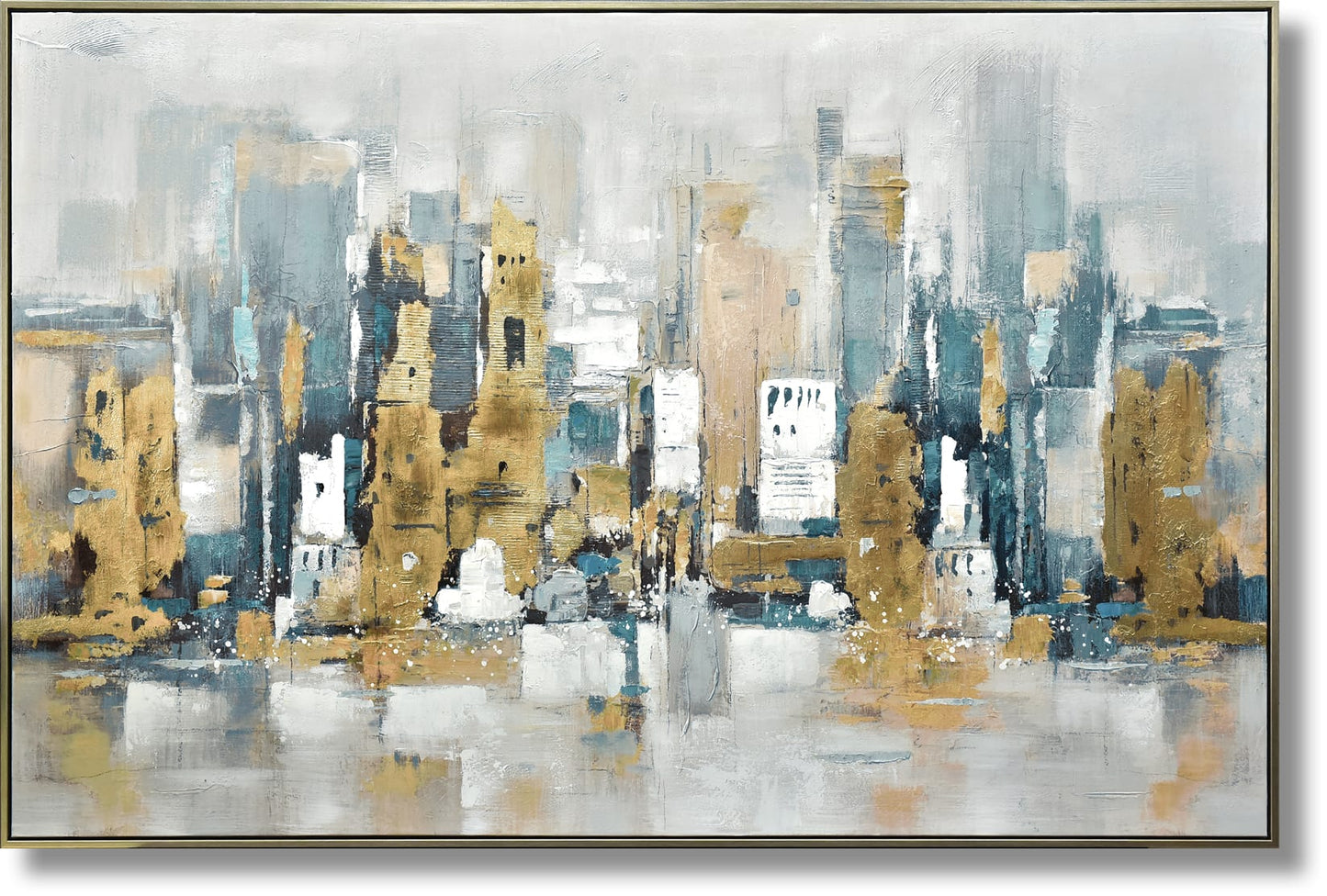 ''Golden Skyline Reverie'' Hand-painted Canvas in Frame