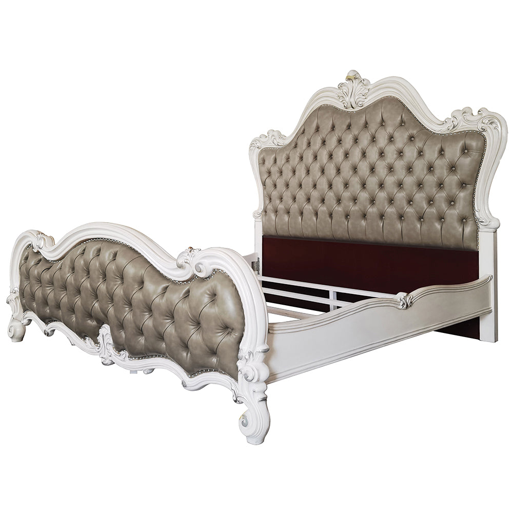 Versailles II Queen Bed - Vintage Gray Leatherette & Bone White