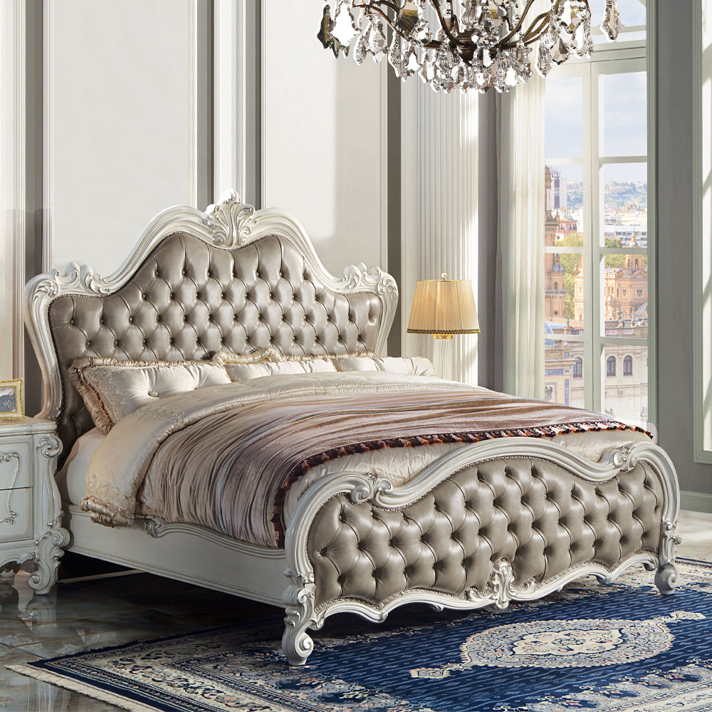 Versailles II Queen Bed - Vintage Gray Leatherette & Bone White