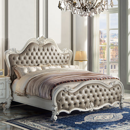 Versailles II Queen Bed - Vintage Gray Leatherette & Bone White