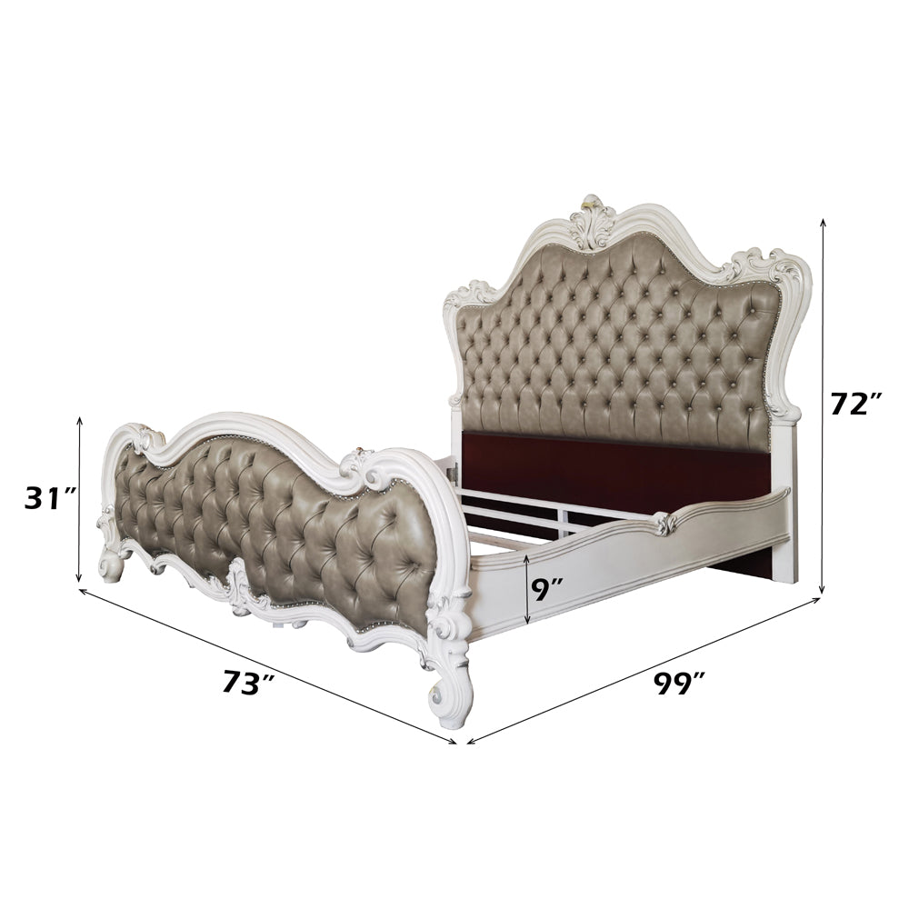 Versailles II Queen Bed - Vintage Gray Leatherette & Bone White
