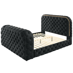 Kana Eastern King Bed w/LED, Fireplace & TV Stand - Black Upholstery Velvet