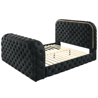 Kana Eastern King Bed w/LED, Fireplace & TV Stand - Black Upholstery Velvet