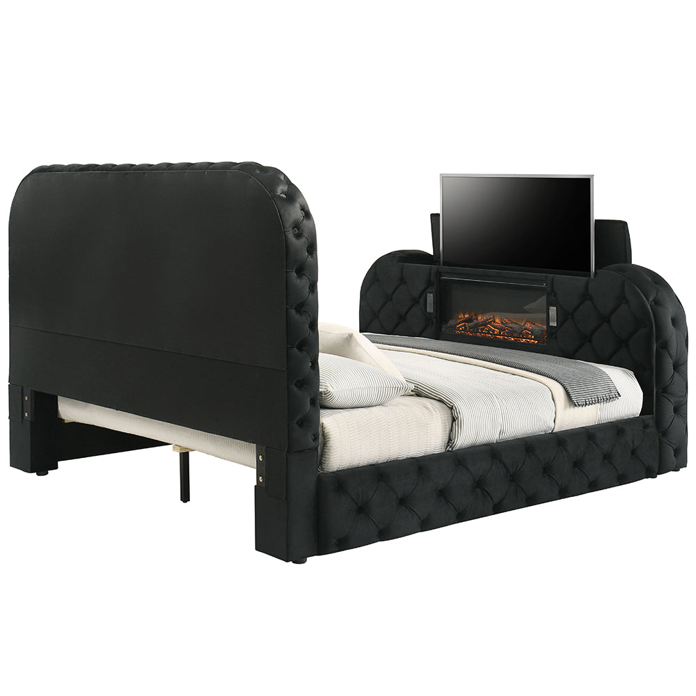 Kana Eastern King Bed w/LED, Fireplace & TV Stand - Black Upholstery Velvet