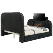 Kana Eastern King Bed w/LED, Fireplace & TV Stand - Black Upholstery Velvet