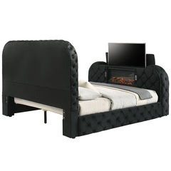 Kana Eastern King Bed w/LED, Fireplace & TV Stand - Black Upholstery Velvet