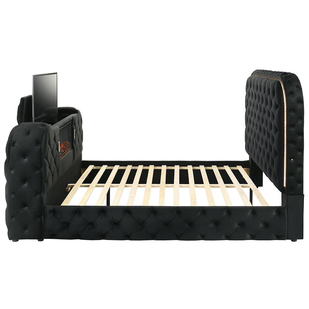 Kana Eastern King Bed w/LED, Fireplace & TV Stand - Black Upholstery Velvet