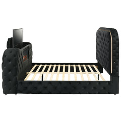 Kana Eastern King Bed w/LED, Fireplace & TV Stand - Black Upholstery Velvet