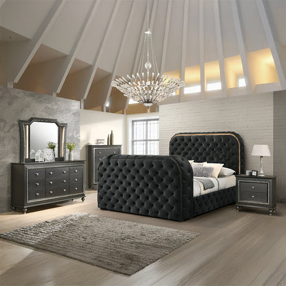 Kana Eastern King Bed w/LED, Fireplace & TV Stand - Black Upholstery Velvet