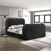 Kana Eastern King Bed w/LED, Fireplace & TV Stand - Black Upholstery Velvet