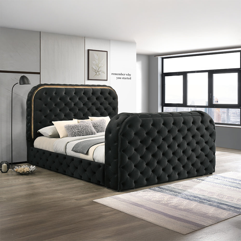 Kana Eastern King Bed w/LED, Fireplace & TV Stand - Black Upholstery Velvet