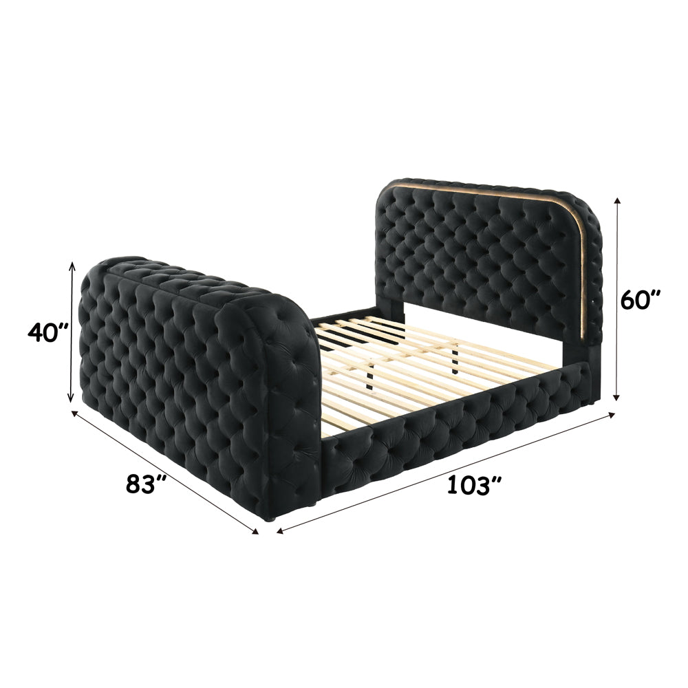Kana Eastern King Bed w/LED, Fireplace & TV Stand - Black Upholstery Velvet