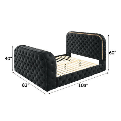 Kana Eastern King Bed w/LED, Fireplace & TV Stand - Black Upholstery Velvet