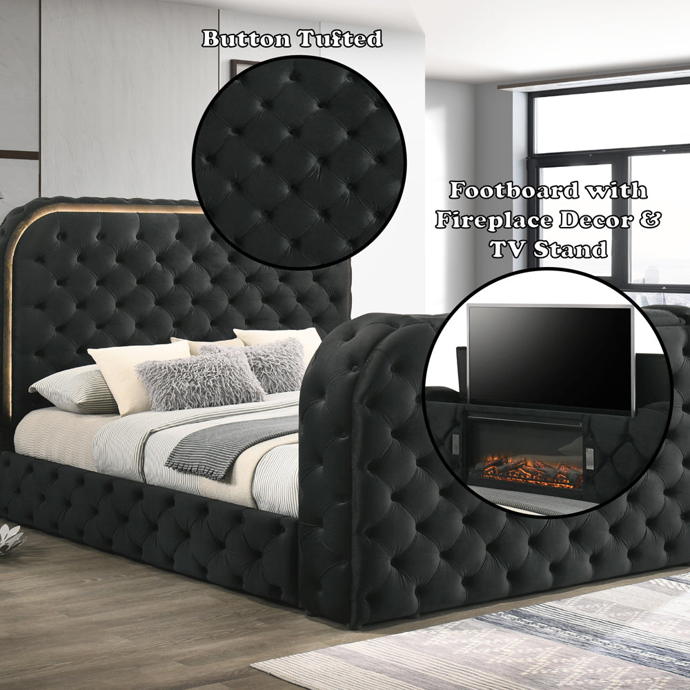 Kana Eastern King Bed w/LED, Fireplace & TV Stand - Black Upholstery Velvet
