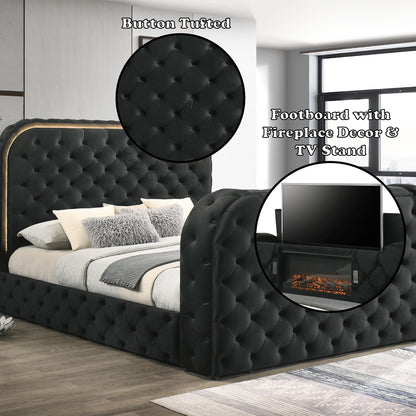 Kana Eastern King Bed w/LED, Fireplace & TV Stand - Black Upholstery Velvet
