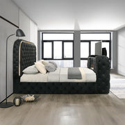 Kana Eastern King Bed w/LED, Fireplace & TV Stand - Black Upholstery Velvet