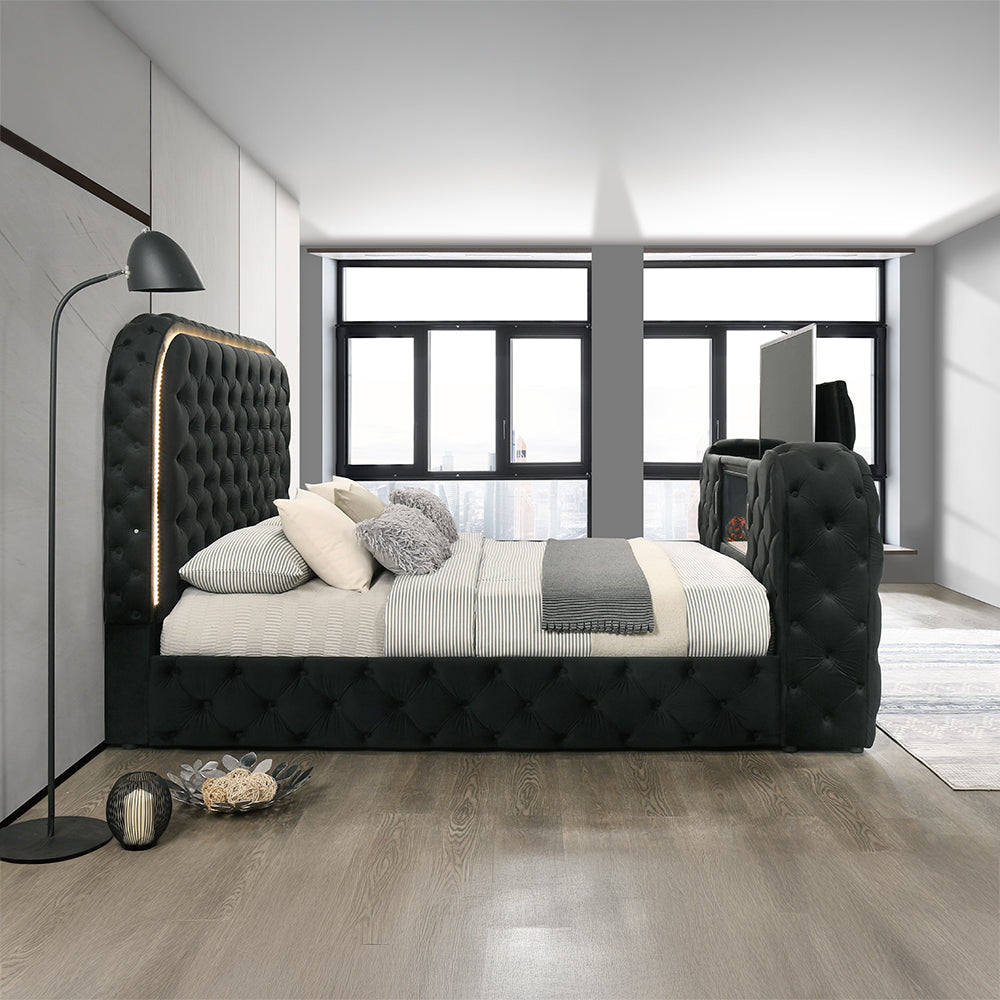 Kana Eastern King Bed w/LED, Fireplace & TV Stand - Black Upholstery Velvet