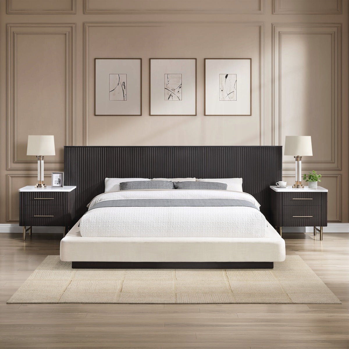 Clayten Queen Bed - Beige Linen & Espresso (118"W x 77"D x 48"H)