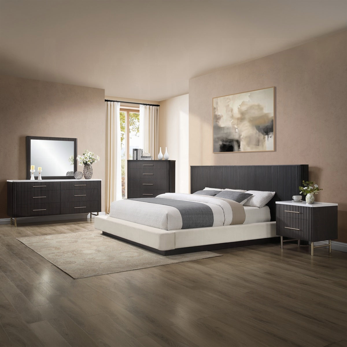Clayten Queen Bed - Beige Linen & Espresso (118"W x 77"D x 48"H)