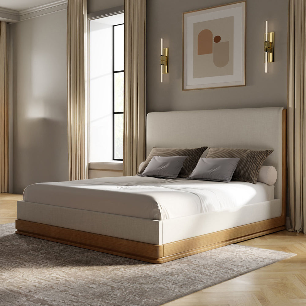 Zoey Queen Bed - Beige Fabric & Oak