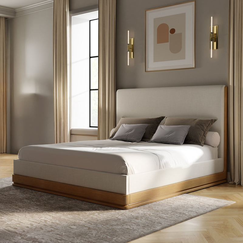 Zoey Queen Bed - Beige Fabric & Oak