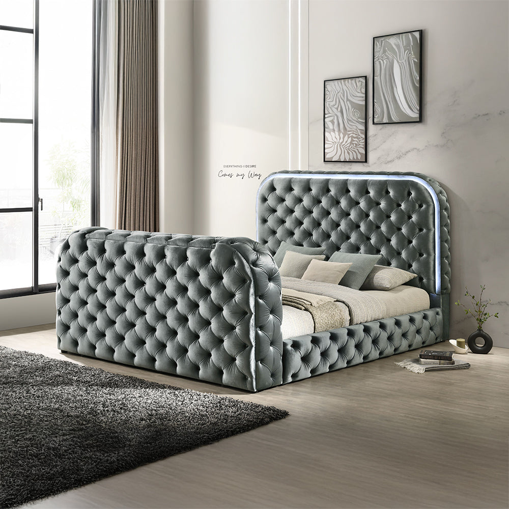 Kana Eastern King Bed w/LED, Fireplace & TV Stand - Gray Upholstery Velvet