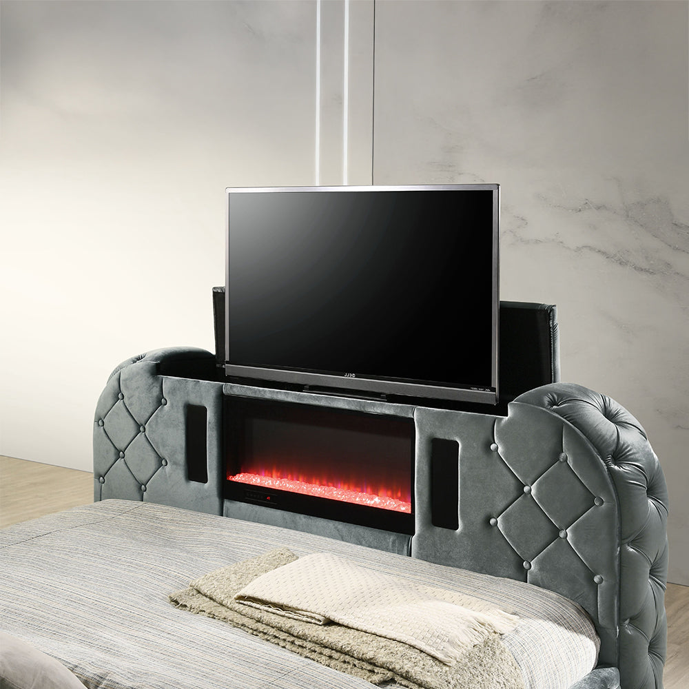 Kana Eastern King Bed w/LED, Fireplace & TV Stand - Gray Upholstery Velvet