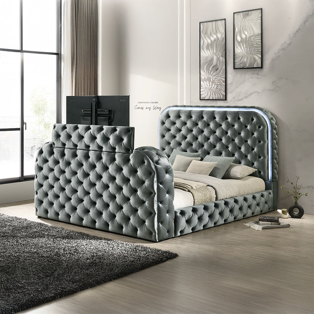 Kana Eastern King Bed w/LED, Fireplace & TV Stand - Gray Upholstery Velvet
