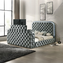 Kana Eastern King Bed w/LED, Fireplace & TV Stand - Gray Upholstery Velvet