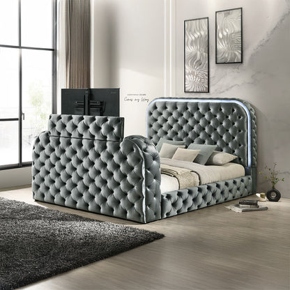 Kana Eastern King Bed w/LED, Fireplace & TV Stand - Gray Upholstery Velvet
