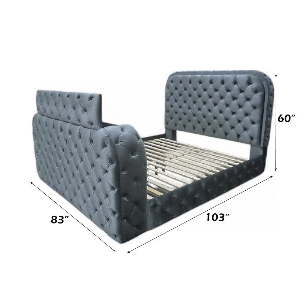 Kana Eastern King Bed w/LED, Fireplace & TV Stand - Gray Upholstery Velvet
