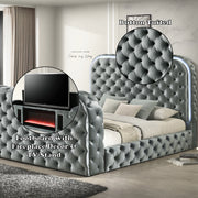 Kana Eastern King Bed w/LED, Fireplace & TV Stand - Gray Upholstery Velvet