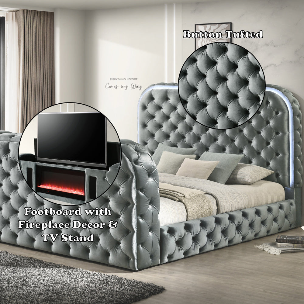 Kana Eastern King Bed w/LED, Fireplace & TV Stand - Gray Upholstery Velvet