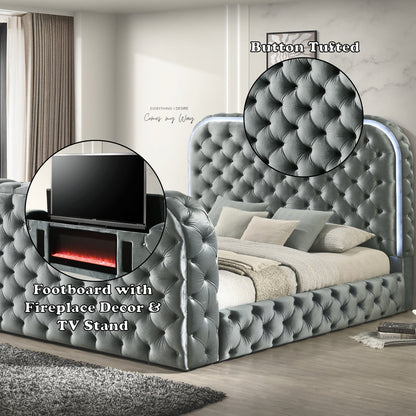 Kana Eastern King Bed w/LED, Fireplace & TV Stand - Gray Upholstery Velvet