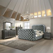 Kana Eastern King Bed w/LED, Fireplace & TV Stand - Gray Upholstery Velvet