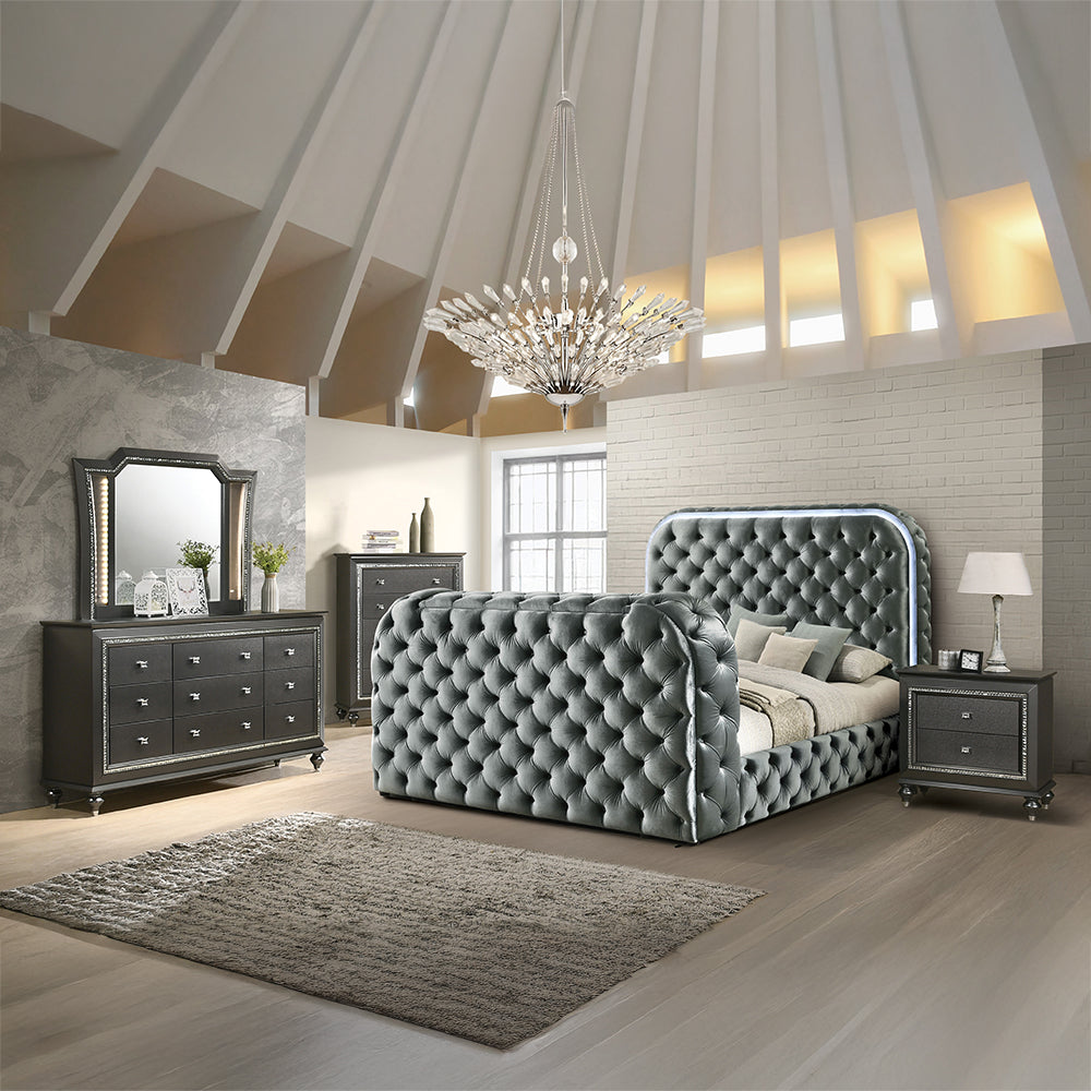Kana Eastern King Bed w/LED, Fireplace & TV Stand - Gray Upholstery Velvet