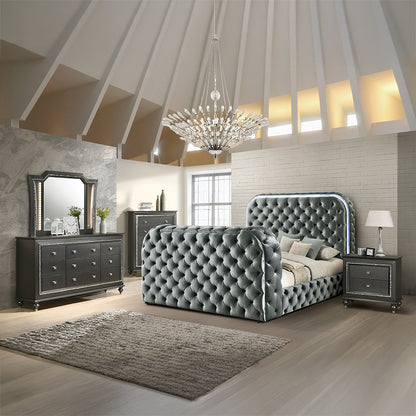 Kana Eastern King Bed w/LED, Fireplace & TV Stand - Gray Upholstery Velvet