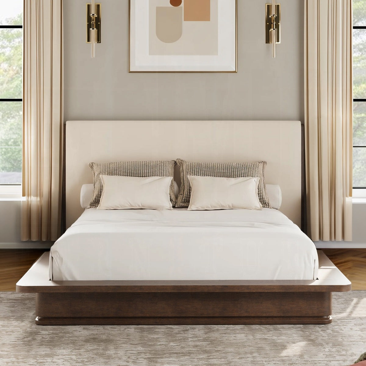 Zoey Eastern King Bed - Cream Linen & Brown Oak