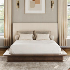 Zoey Eastern King Bed - Cream Linen & Brown Oak