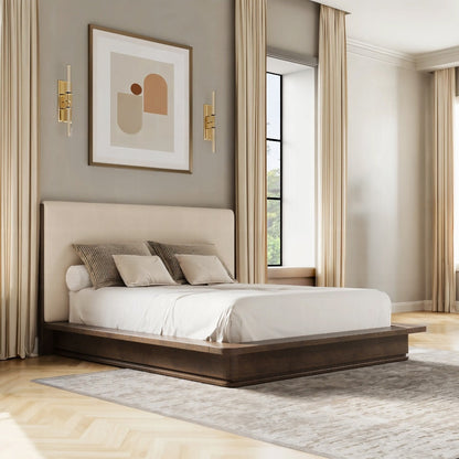 Zoey Eastern King Bed - Cream Linen & Brown Oak