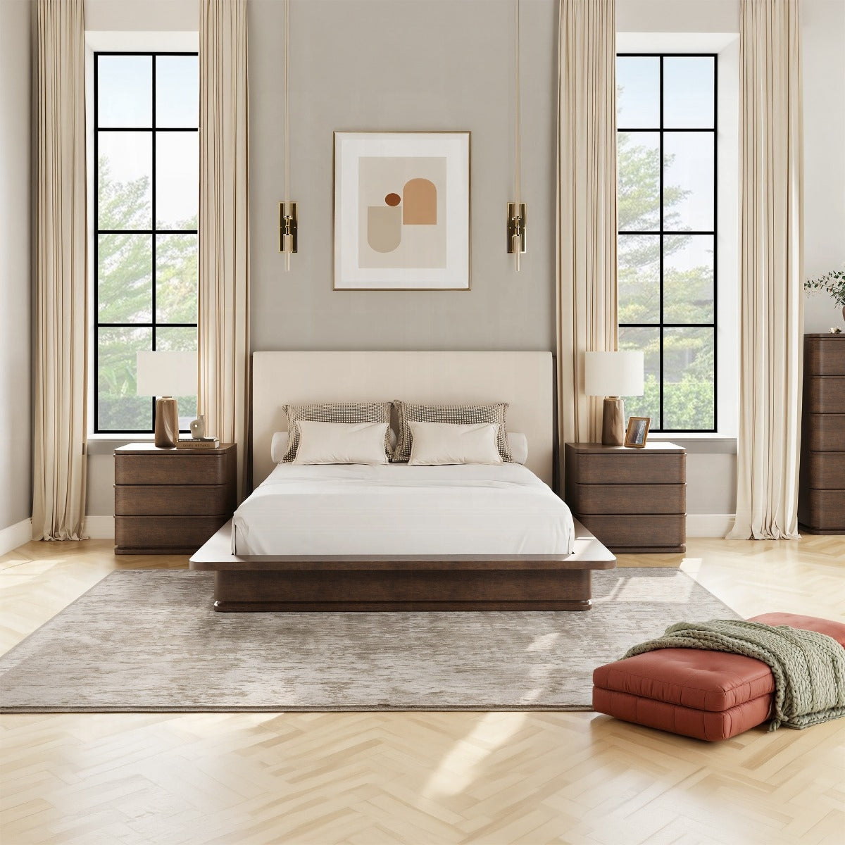 Zoey Eastern King Bed - Cream Linen & Brown Oak