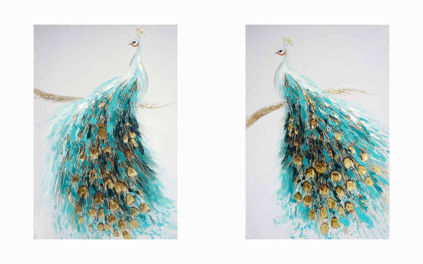 ''Opulent Peacock Pair in Teal & Gold'' Hand-painted Canvas (set)