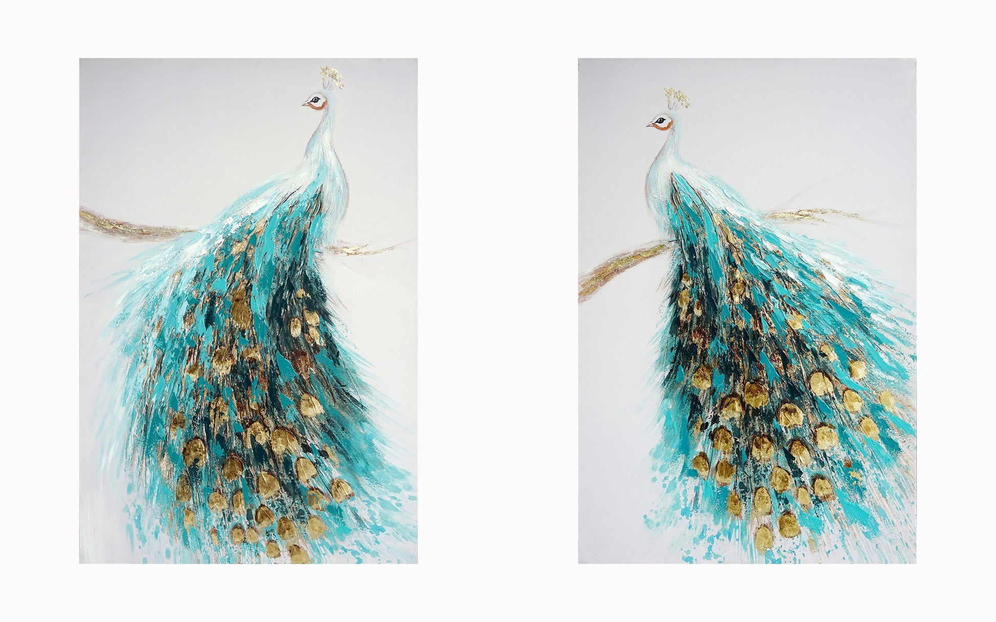 ''Opulent Peacock Pair in Teal & Gold'' Hand-painted Canvas (set)