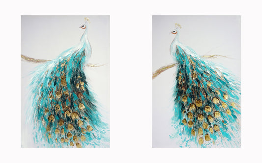 ''Opulent Peacock Pair in Teal & Gold'' Hand-painted Canvas (set)