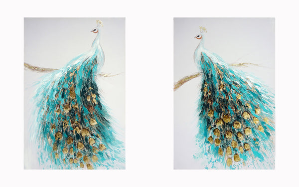 ''Opulent Peacock Pair in Teal & Gold'' Hand-painted Canvas (set)